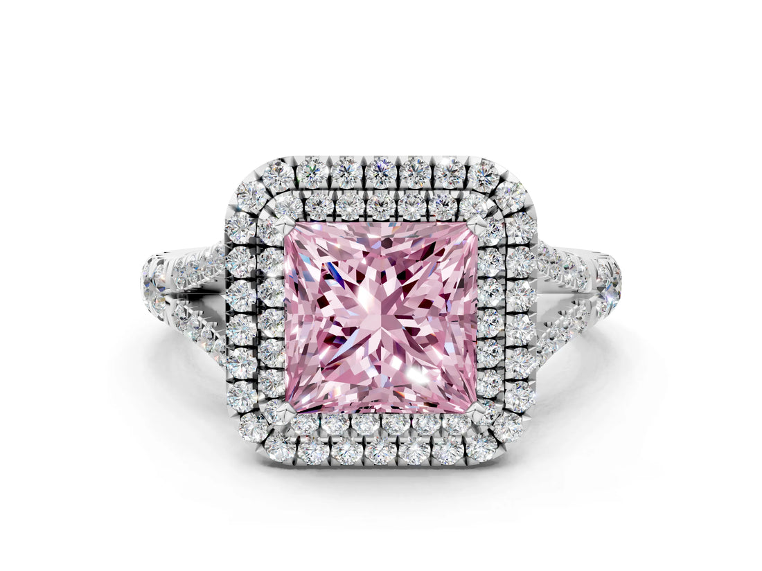 White gold Fancy Pink Princess  Cut Double Halo Split Shank Diamond Ring with Prong Setting_29