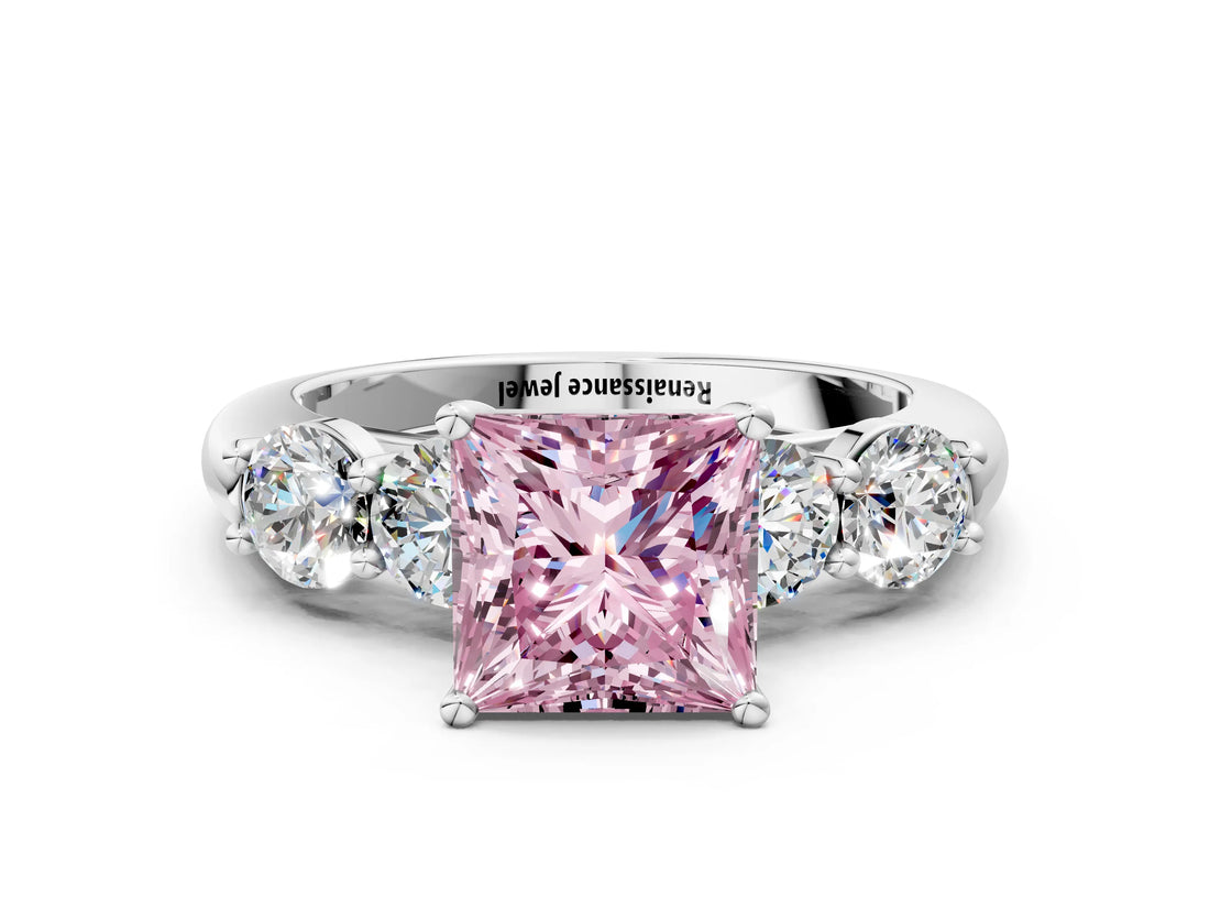 White gold Fancy Pink Princess  Cut Five-Stone Prong Set Diamond Ring with Classic Band_29