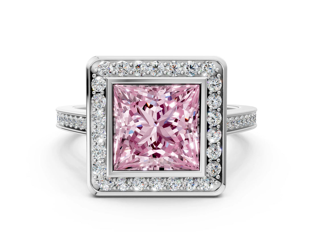 White gold Fancy Pink Princess Cut Halo Bezel Diamond Pave Band Ring