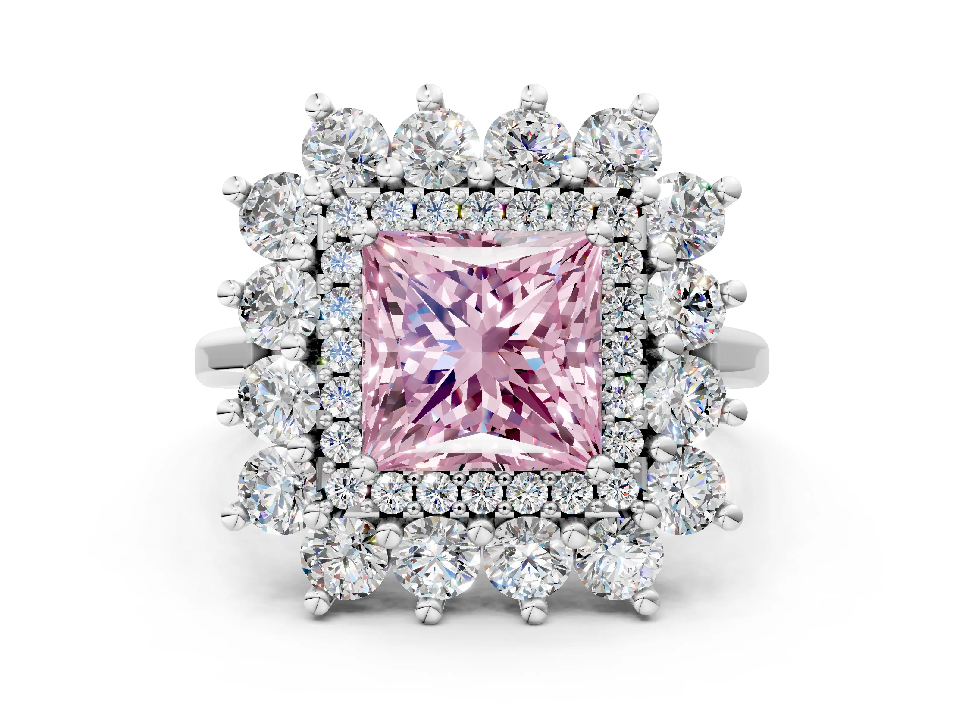 White gold Fancy Pink Princess Cut Halo Cluster Diamond Ring with Pave Band and Four-Prong Setting