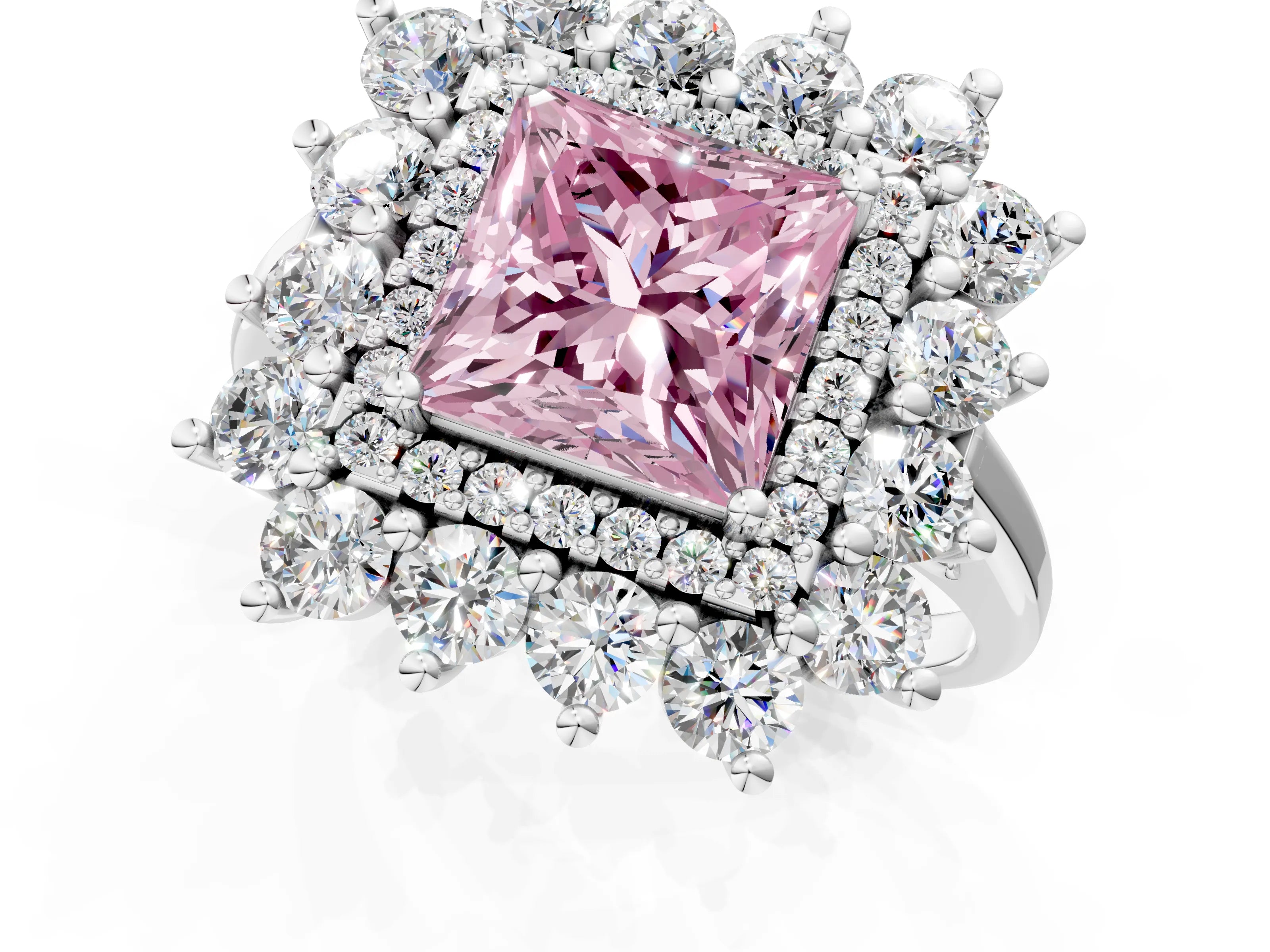 White gold Fancy Pink Princess Cut Halo Cluster Diamond Ring with Pave Band and Four-Prong Setting_13