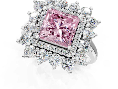 White gold Fancy Pink Princess Cut Halo Cluster Diamond Ring with Pave Band and Four-Prong Setting_13
