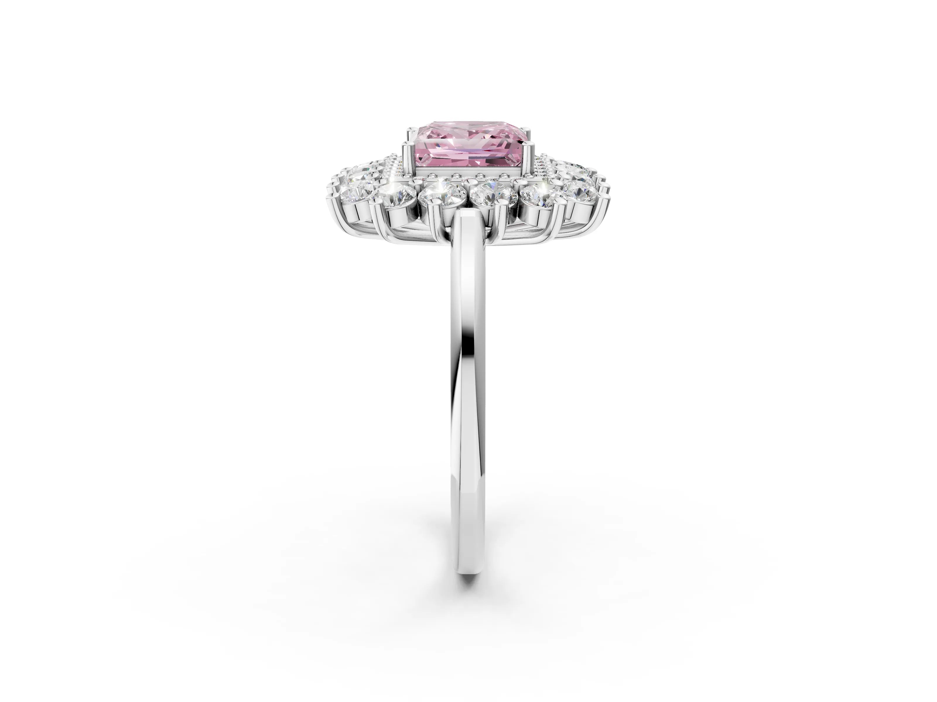 White gold Fancy Pink Princess Cut Halo Cluster Diamond Ring with Pave Band and Four-Prong Setting_14