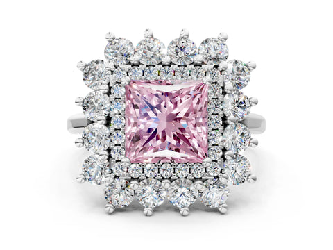 White gold Fancy Pink Princess Cut Halo Cluster Diamond Ring with Pave Band and Four-Prong Setting_14