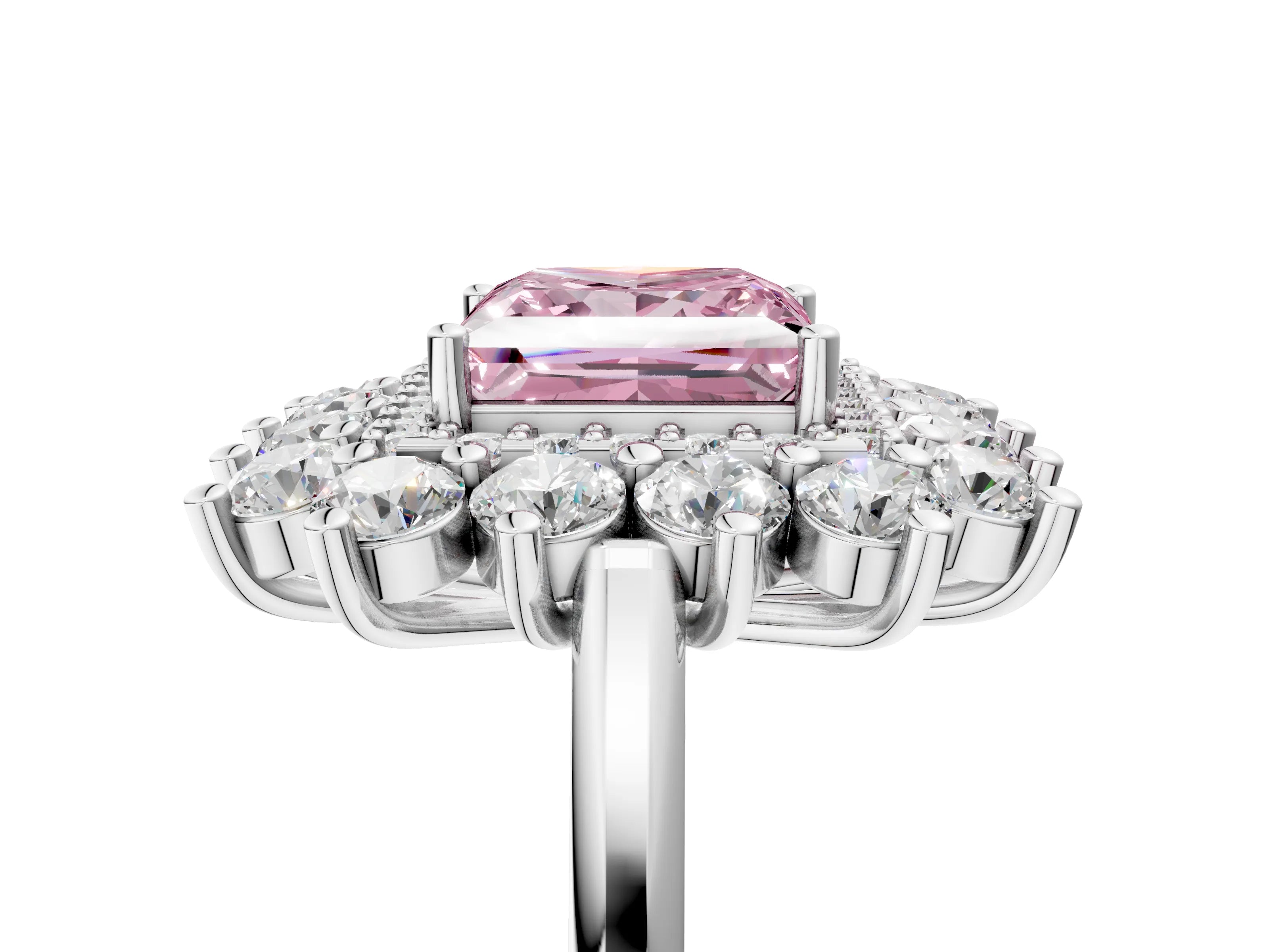 White gold Fancy Pink Princess Cut Halo Cluster Diamond Ring with Pave Band and Four-Prong Setting_18