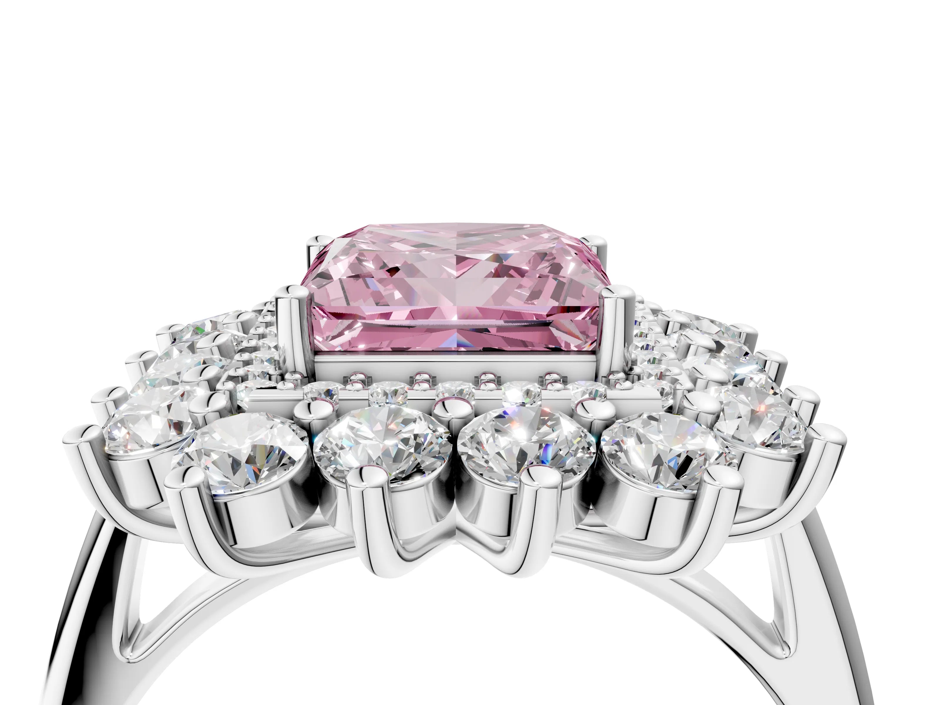 White gold Fancy Pink Princess Cut Halo Cluster Diamond Ring with Pave Band and Four-Prong Setting_18
