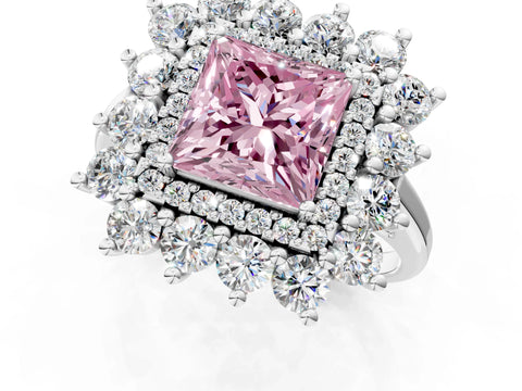 White gold Fancy Pink Princess Cut Halo Cluster Diamond Ring with Pave Band and Four-Prong Setting_1