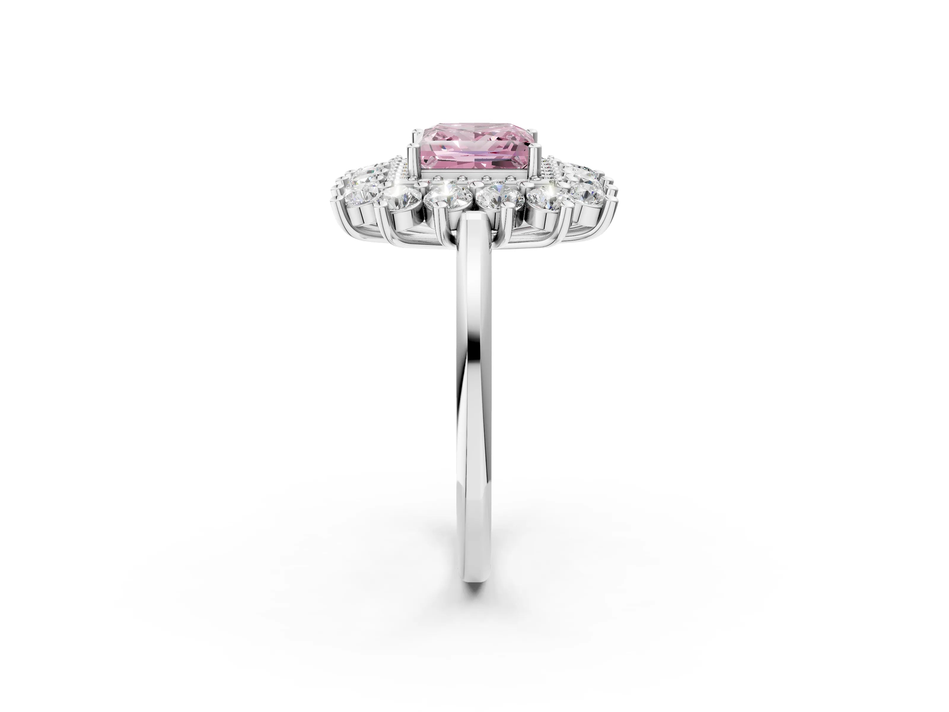White gold Fancy Pink Princess Cut Halo Cluster Diamond Ring with Pave Band and Four-Prong Setting_2