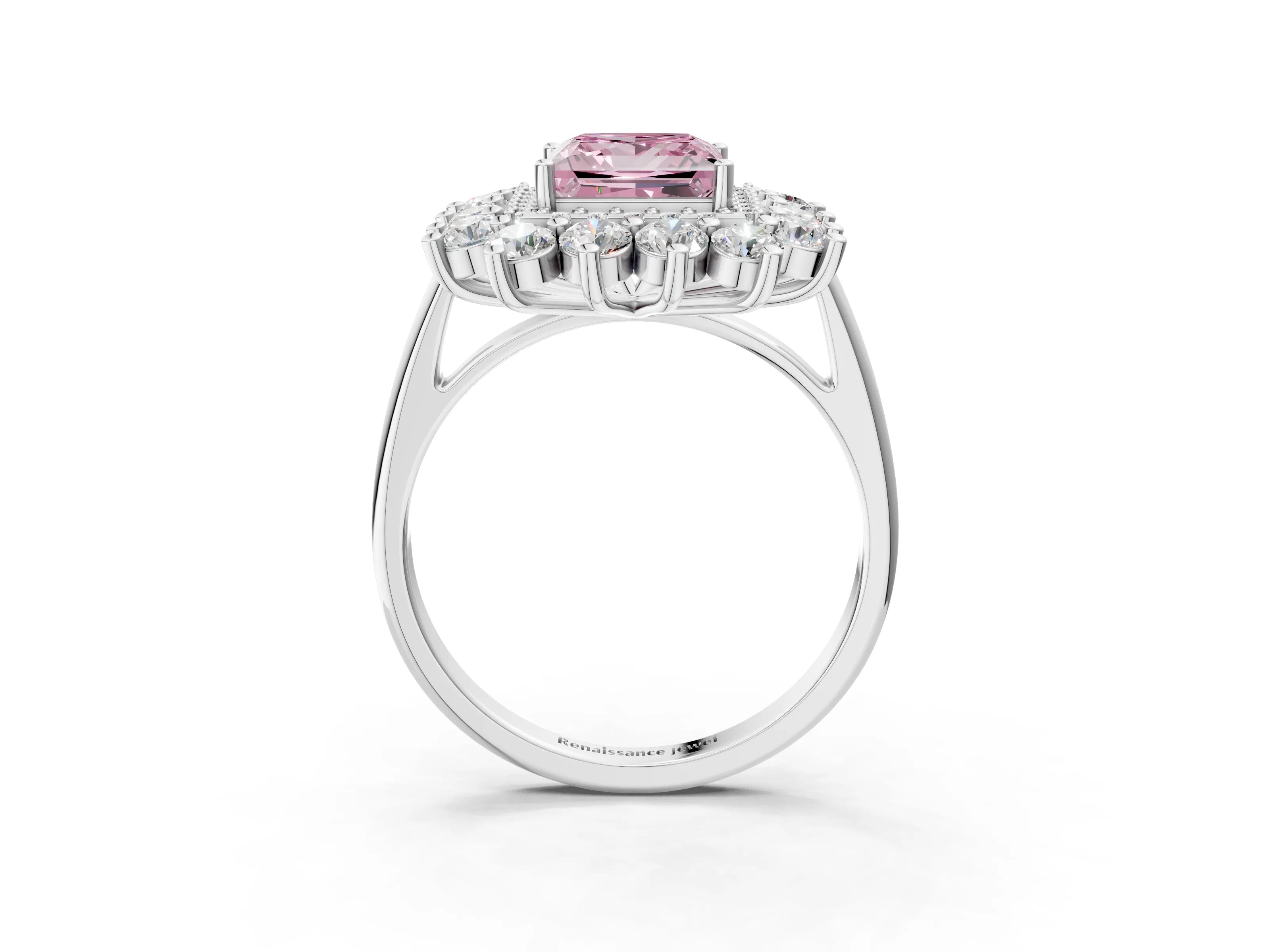 White gold Fancy Pink Princess Cut Halo Cluster Diamond Ring with Pave Band and Four-Prong Setting_3