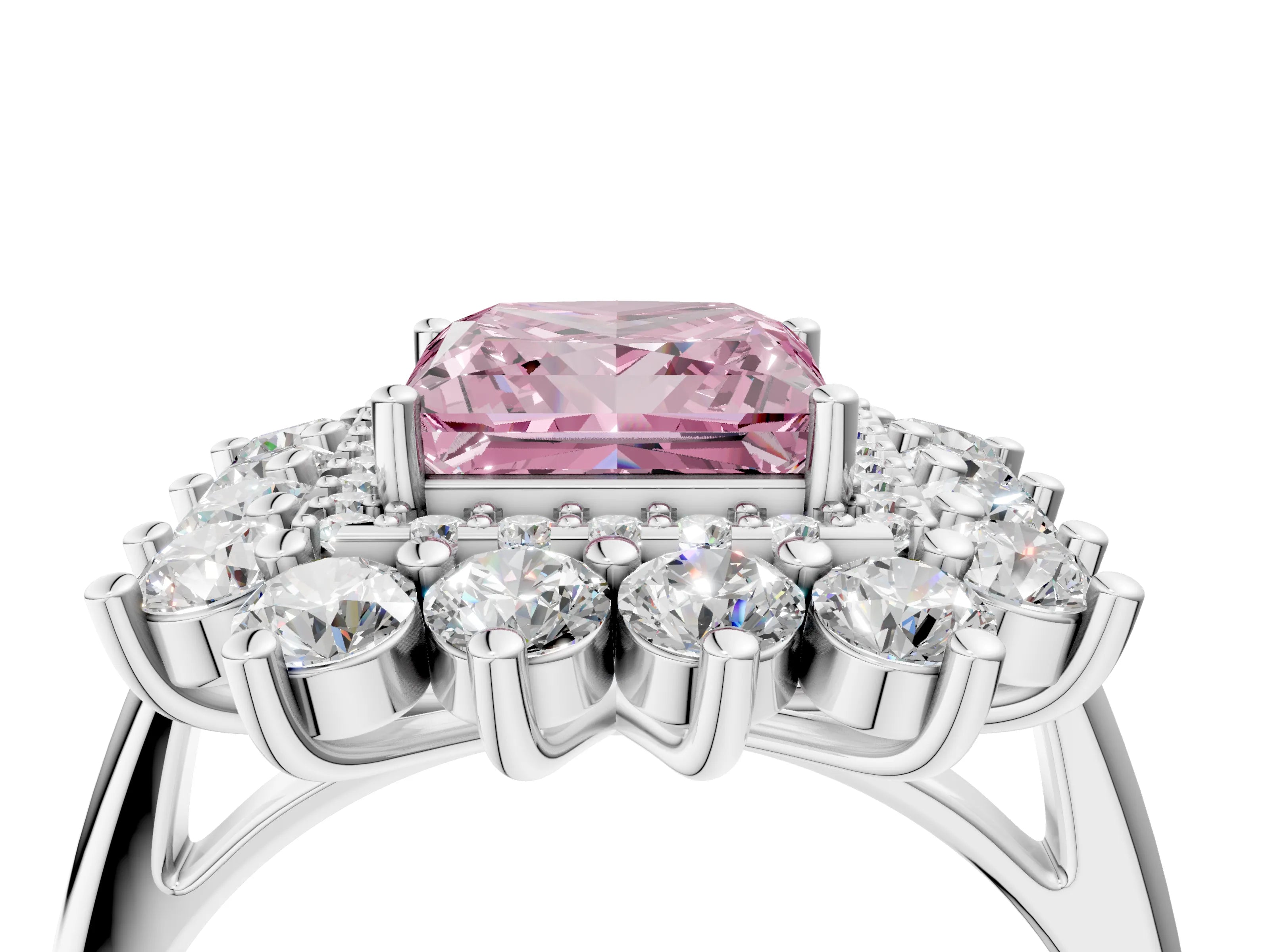 White gold Fancy Pink Princess Cut Halo Cluster Diamond Ring with Pave Band and Four-Prong Setting_4