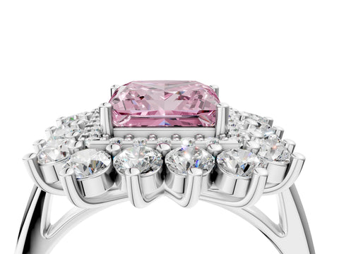 White gold Fancy Pink Princess Cut Halo Cluster Diamond Ring with Pave Band and Four-Prong Setting_4
