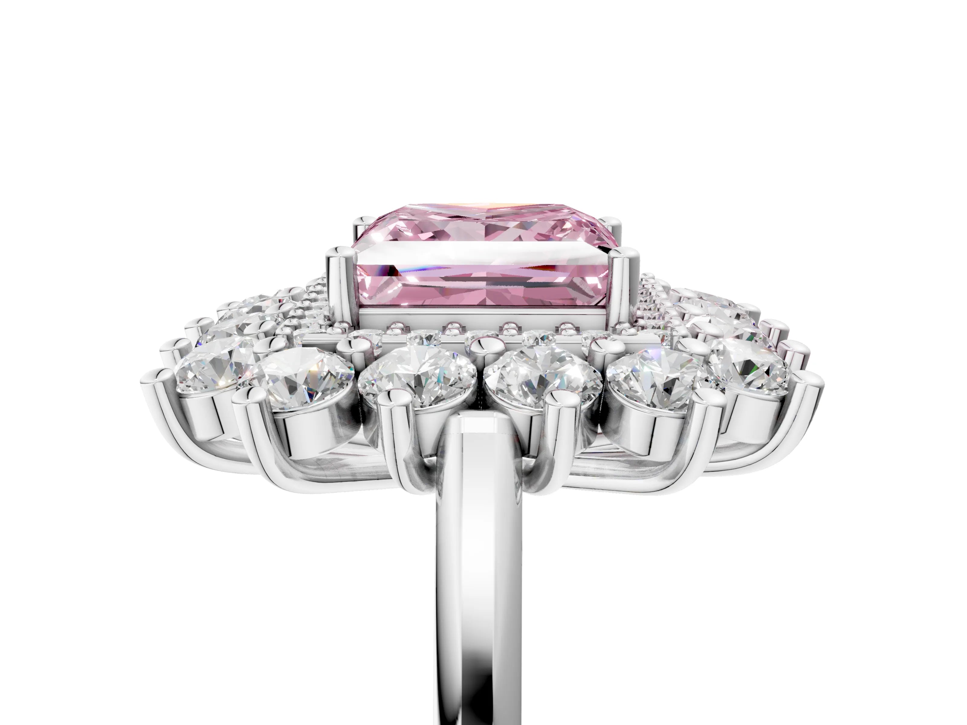 White gold Fancy Pink Princess Cut Halo Cluster Diamond Ring with Pave Band and Four-Prong Setting_5
