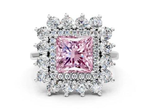 White gold Fancy Pink Princess Cut Halo Cluster Diamond Ring with Pave Band and Four-Prong Setting