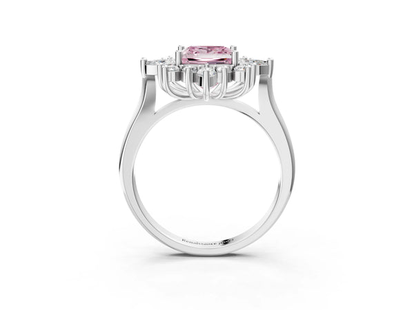White gold Fancy Pink Princess Cut Starburst Halo Engagement Ring Setting with Marquise and Round Accents