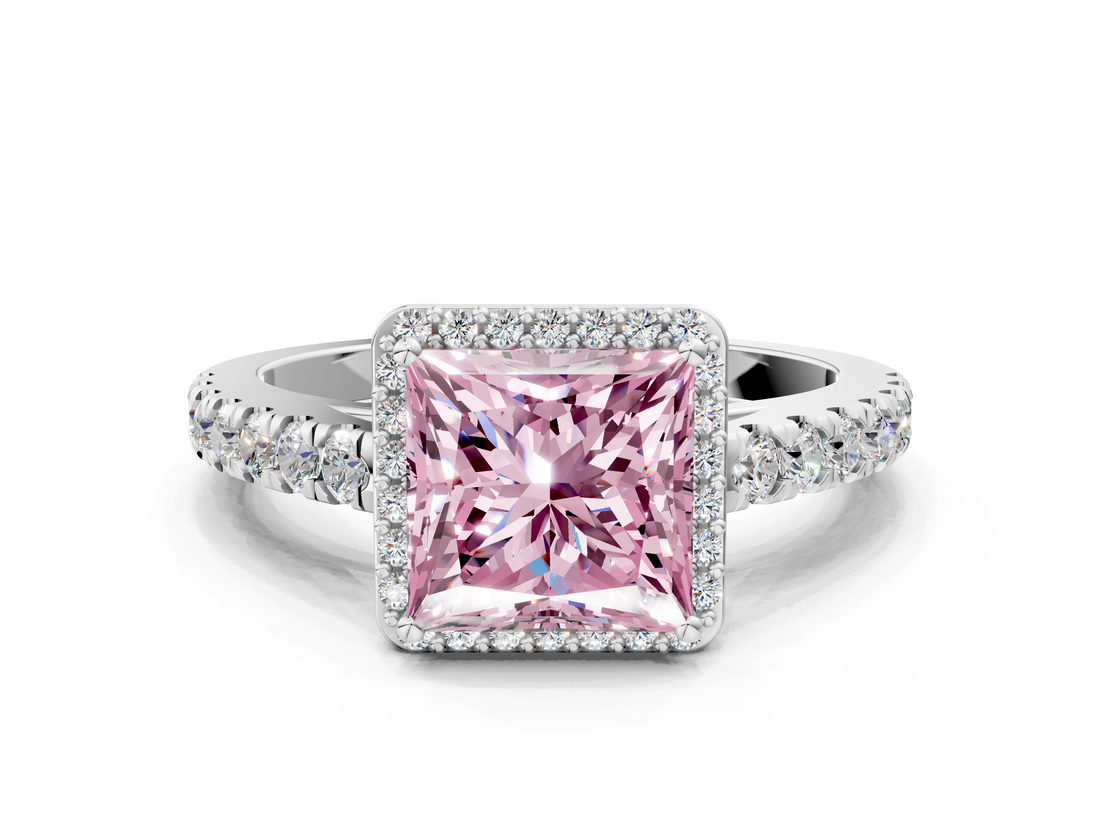 White gold Fancy Pink Princess  Cut Halo Diamond Engagement Ring with Pave Band and Four-Prong Setting