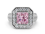 White gold Fancy Pink Princess Cut Halo Diamond Engagement Ring with Pave Split Shank and Four-Prong Setting