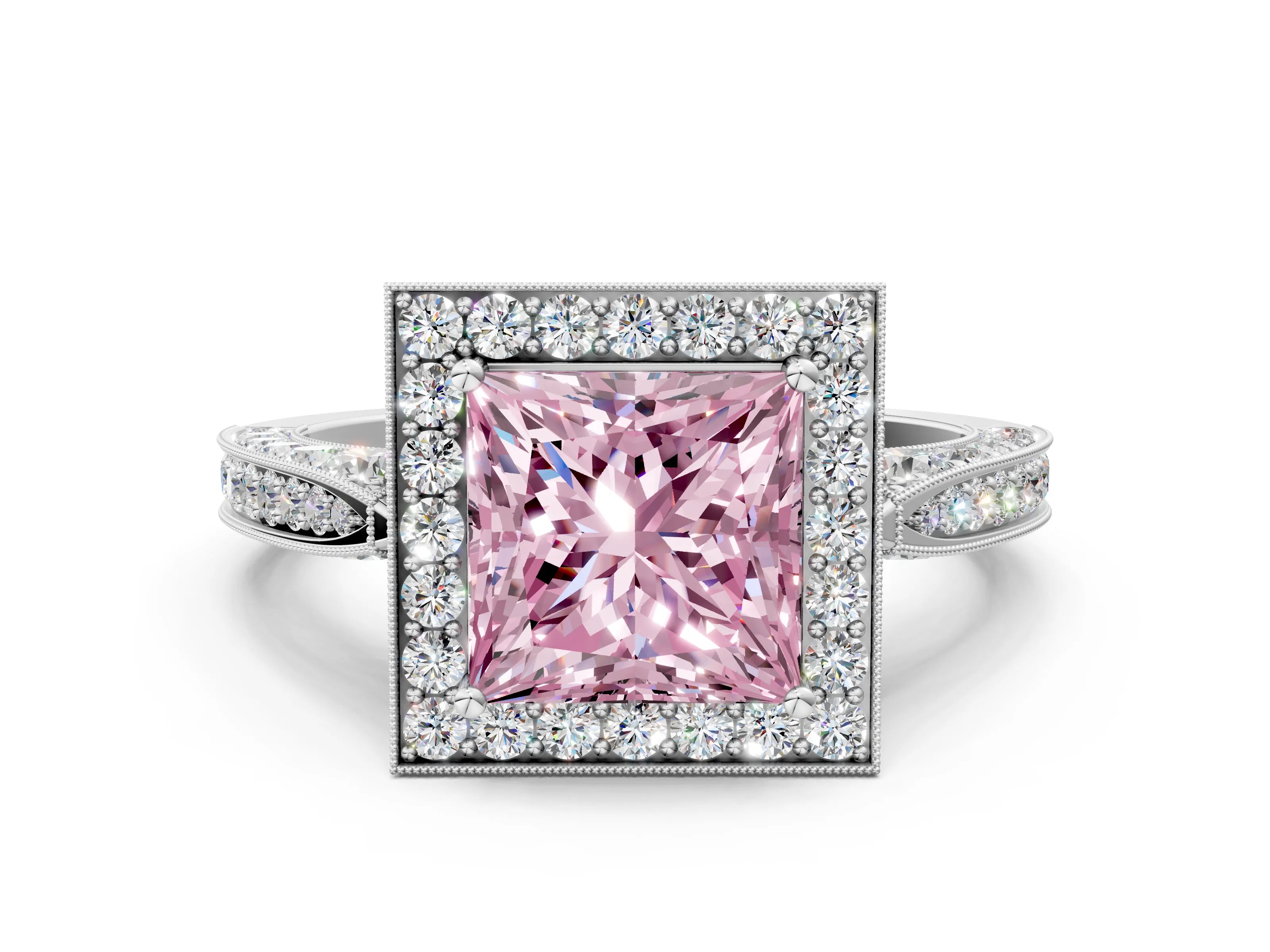 White gold Fancy Pink Princess Cut Halo Diamond Engagement Ring with Split Shank Band and Four-Prong Setting_12