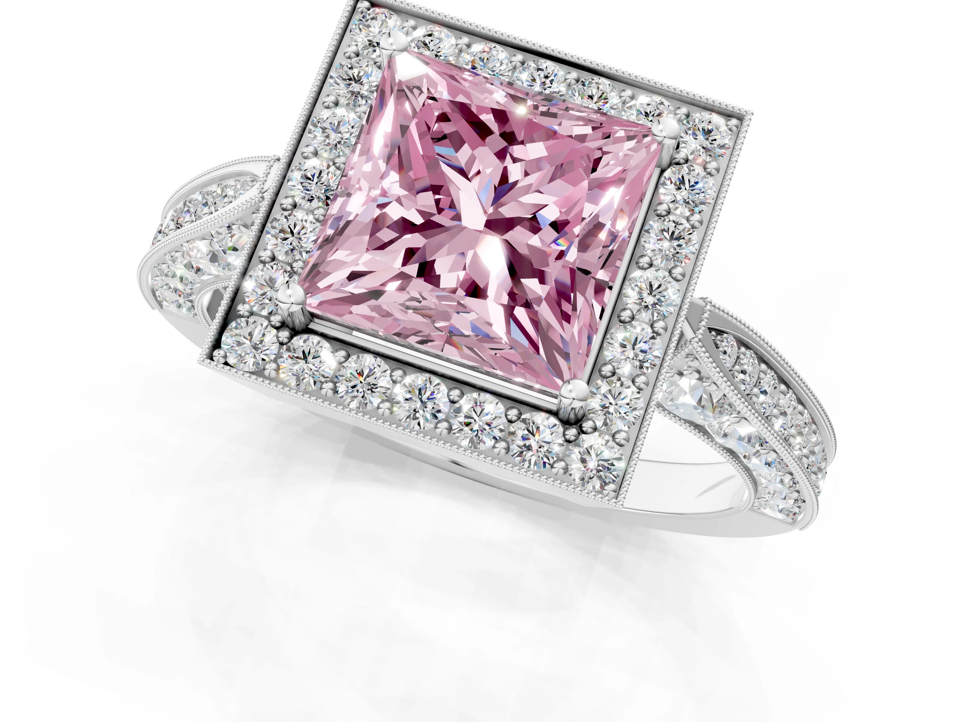 White gold Fancy Pink Princess Cut Halo Diamond Engagement Ring with Split Shank Band and Four-Prong Setting_13