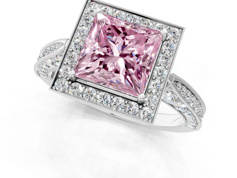White gold Fancy Pink Princess Cut Halo Diamond Engagement Ring with Split Shank Band and Four-Prong Setting_13