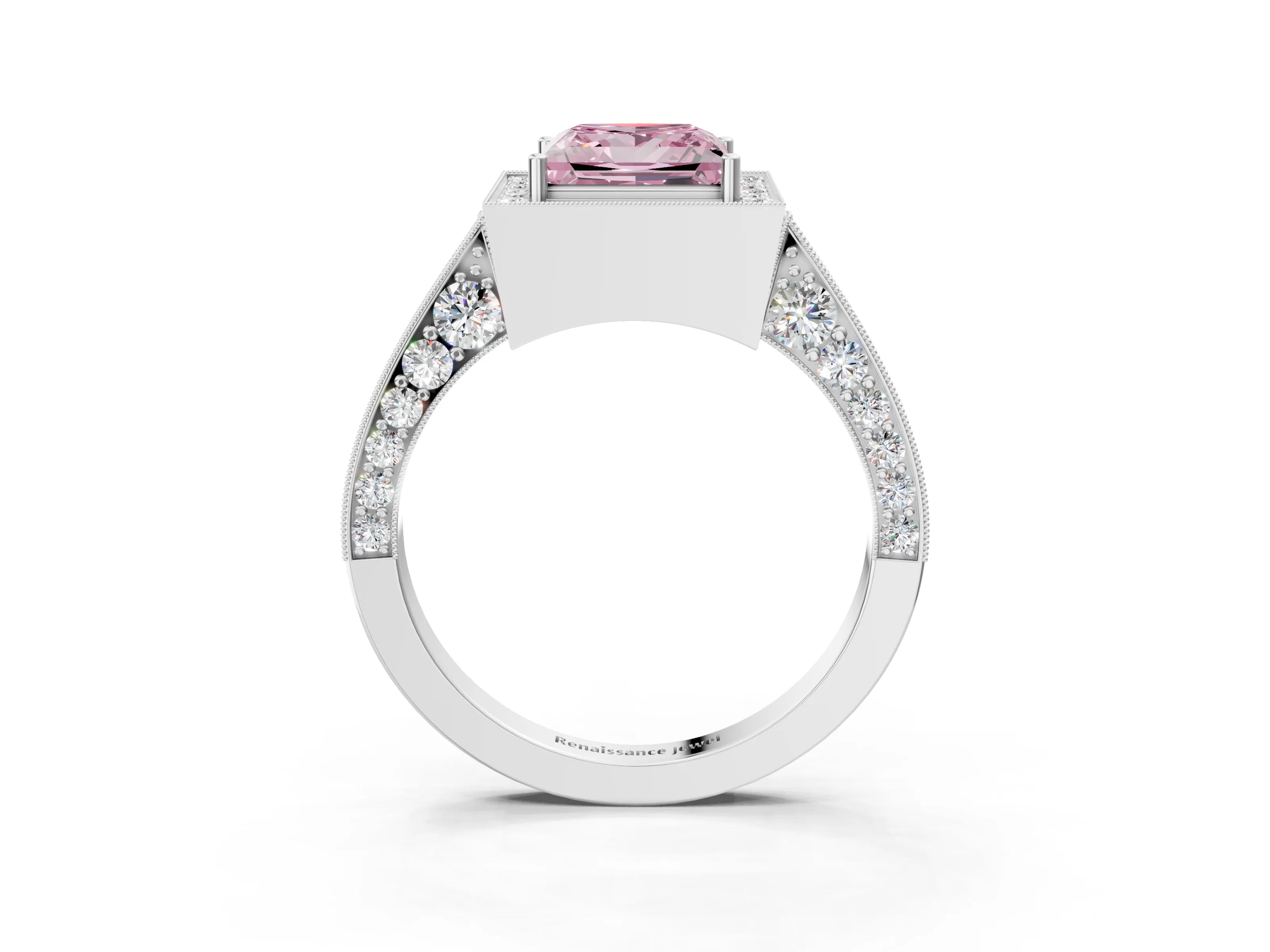 White gold Fancy Pink Princess Cut Halo Diamond Engagement Ring with Split Shank Band and Four-Prong Setting_15