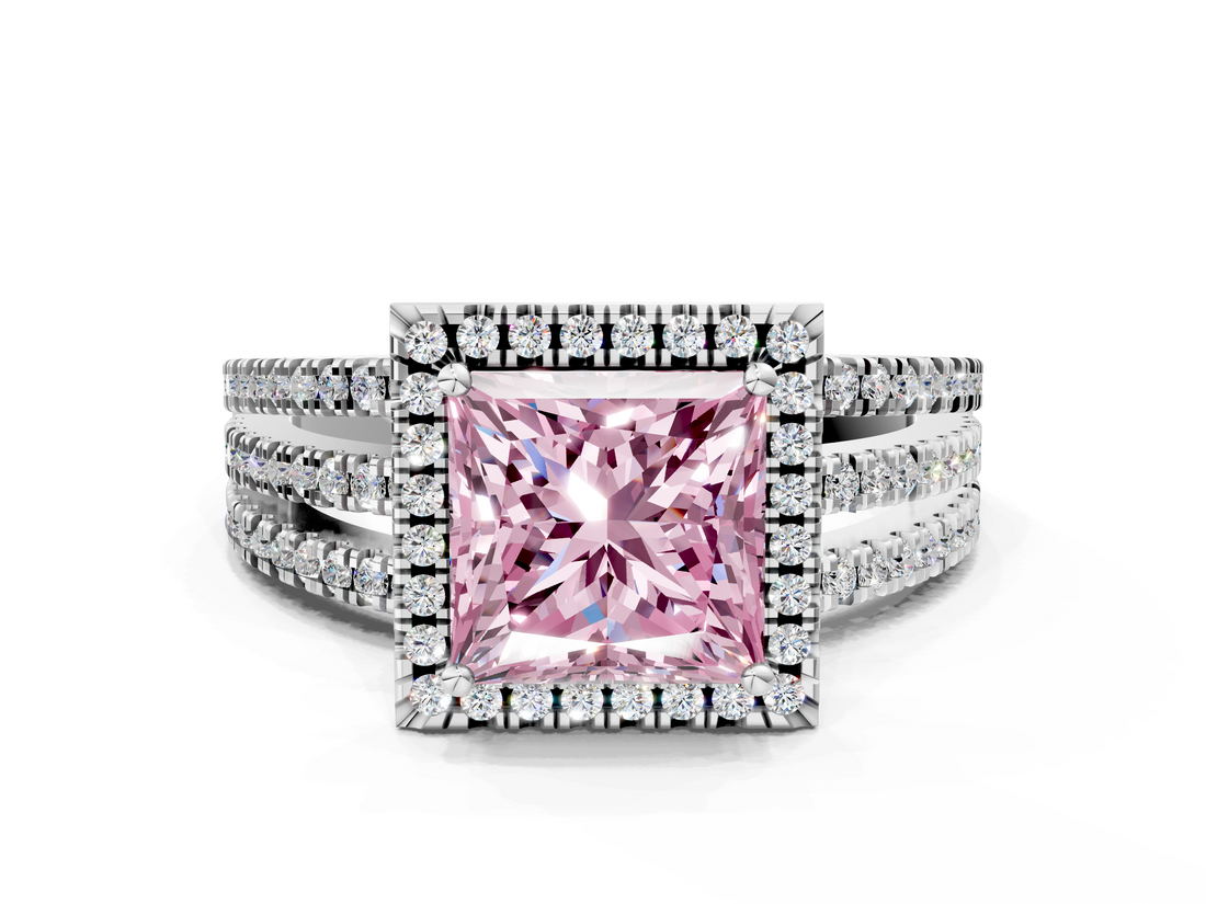White gold Fancy Pink Princess  Cut Halo Diamond Engagement Ring with Split Shank and Four-Prong Setting