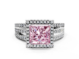 White gold Fancy Pink Princess  Cut Halo Diamond Engagement Ring with Split Shank and Four-Prong Setting