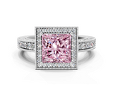 White gold Fancy Pink Princess  Cut Halo Diamond Pave Band Ring with Four-Prong Setting