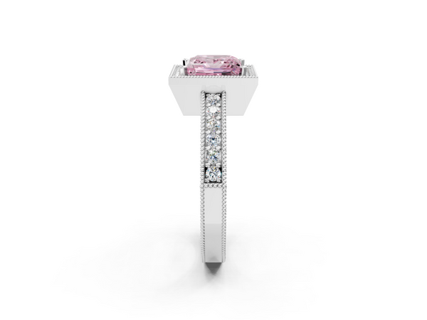 White gold Fancy Pink Princess  Cut Halo Diamond Pave Band Ring with Four-Prong Setting