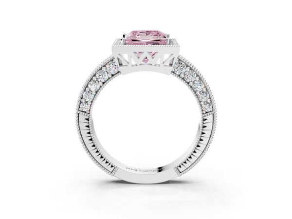 White gold Fancy Pink Princess  Cut Halo Diamond Pave Band Ring with Four-Prong Setting