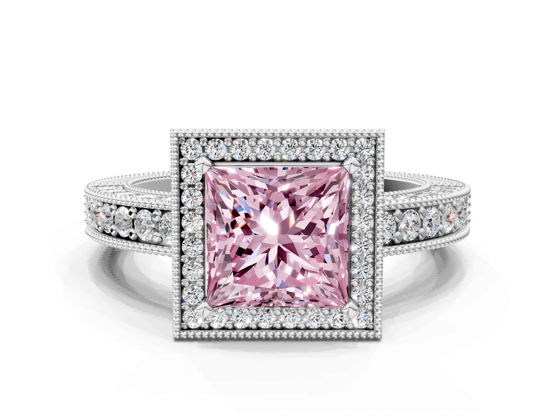 White gold Fancy Pink Princess  Cut Halo Diamond Pave Band Ring with Four-Prong Setting