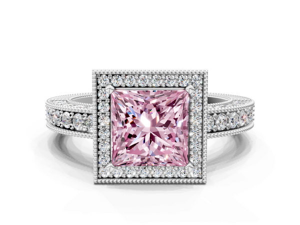 White gold Fancy Pink Princess  Cut Halo Diamond Pave Band Ring with Four-Prong Setting