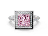 White gold Fancy Pink Princess  Cut Halo Diamond Pave Band with Four-Prong Setting