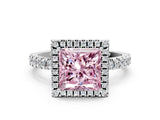 White gold Fancy Pink Princess Cut Halo Diamond Pave Band with Prong Setting