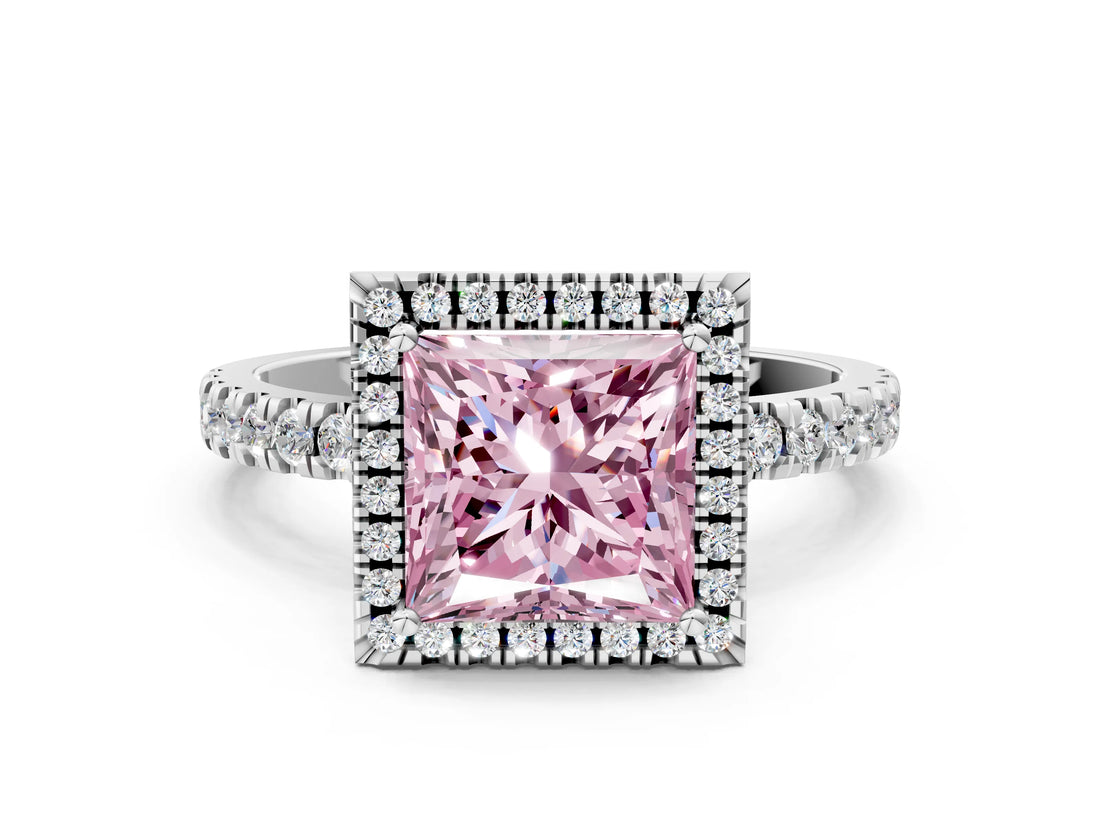 White gold Fancy Pink Princess Cut Halo Diamond Pave Band with Prong Setting