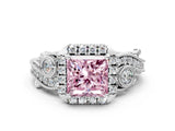 White gold Fancy Pink Princess Cut Halo Diamond Ring with Milgrain and Bezel Accents on a Split Shank Band_12
