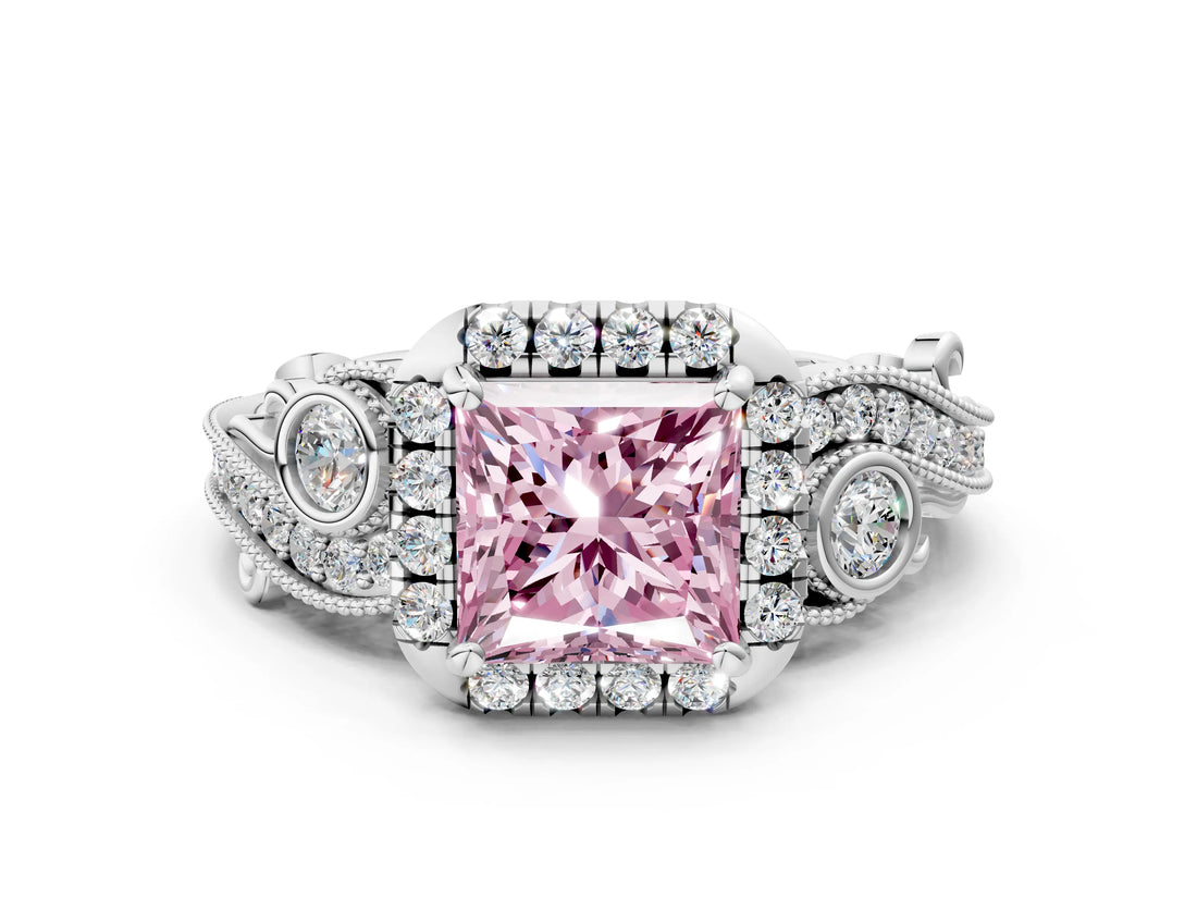 White gold Fancy Pink Princess Cut Halo Diamond Ring with Milgrain and Bezel Accents on a Split Shank Band_12