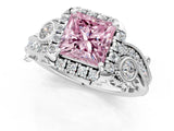White gold Fancy Pink Princess Cut Halo Diamond Ring with Milgrain and Bezel Accents on a Split Shank Band_13