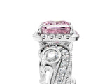 White gold Fancy Pink Princess Cut Halo Diamond Ring with Milgrain and Bezel Accents on a Split Shank Band_17