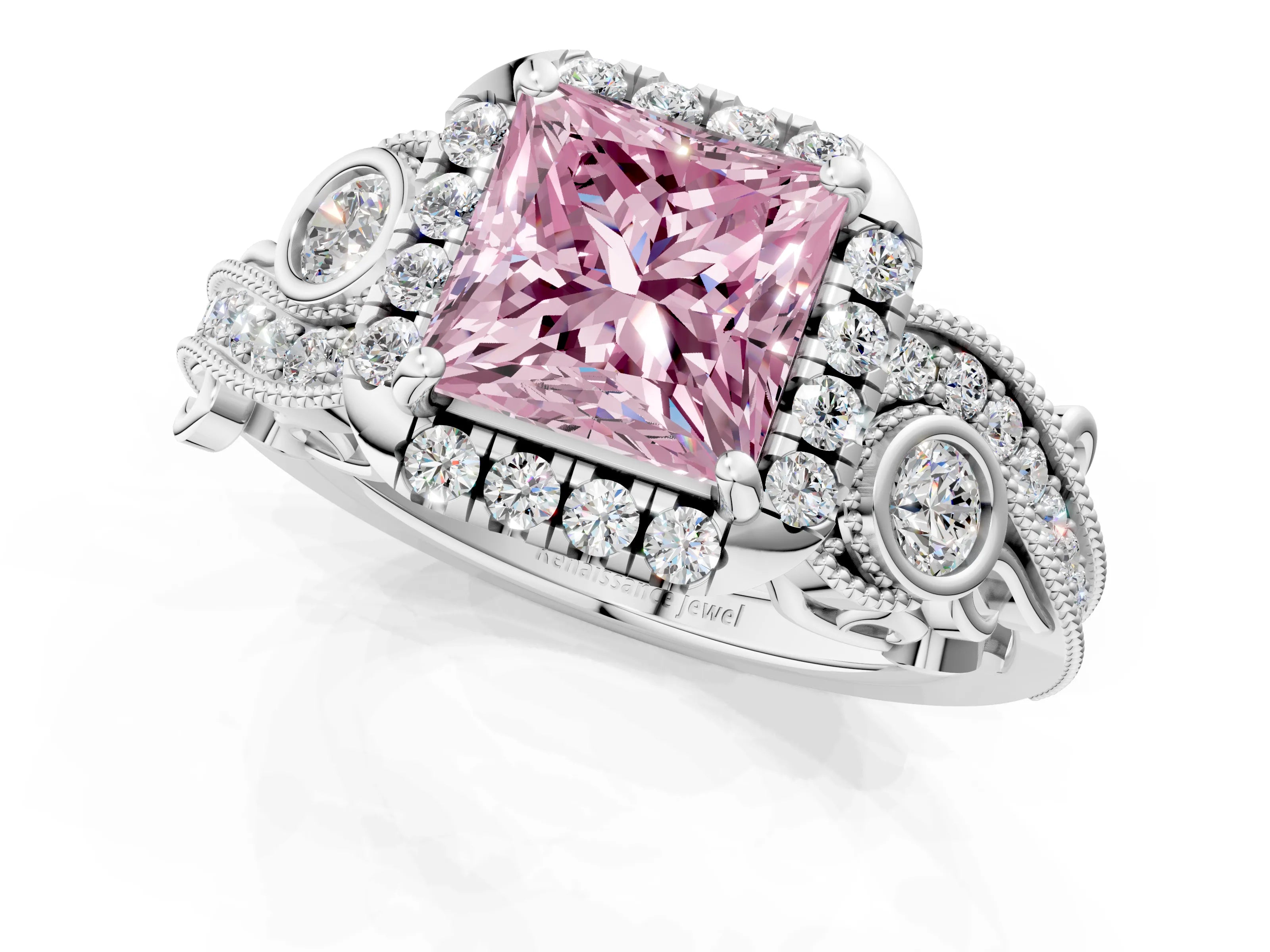 White gold Fancy Pink Princess Cut Halo Diamond Ring with Milgrain and Bezel Accents on a Split Shank Band_1