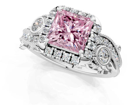 White gold Fancy Pink Princess Cut Halo Diamond Ring with Milgrain and Bezel Accents on a Split Shank Band_1