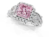 White gold Fancy Pink Princess Cut Halo Diamond Ring with Milgrain and Bezel Accents on a Split Shank Band_2