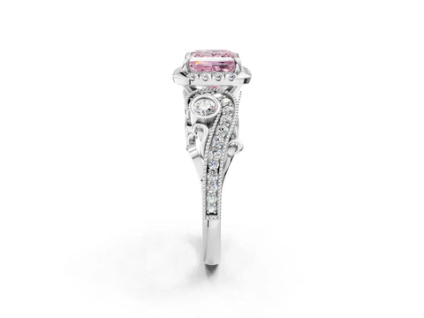 White gold Fancy Pink Princess Cut Halo Diamond Ring with Milgrain and Bezel Accents on a Split Shank Band_2