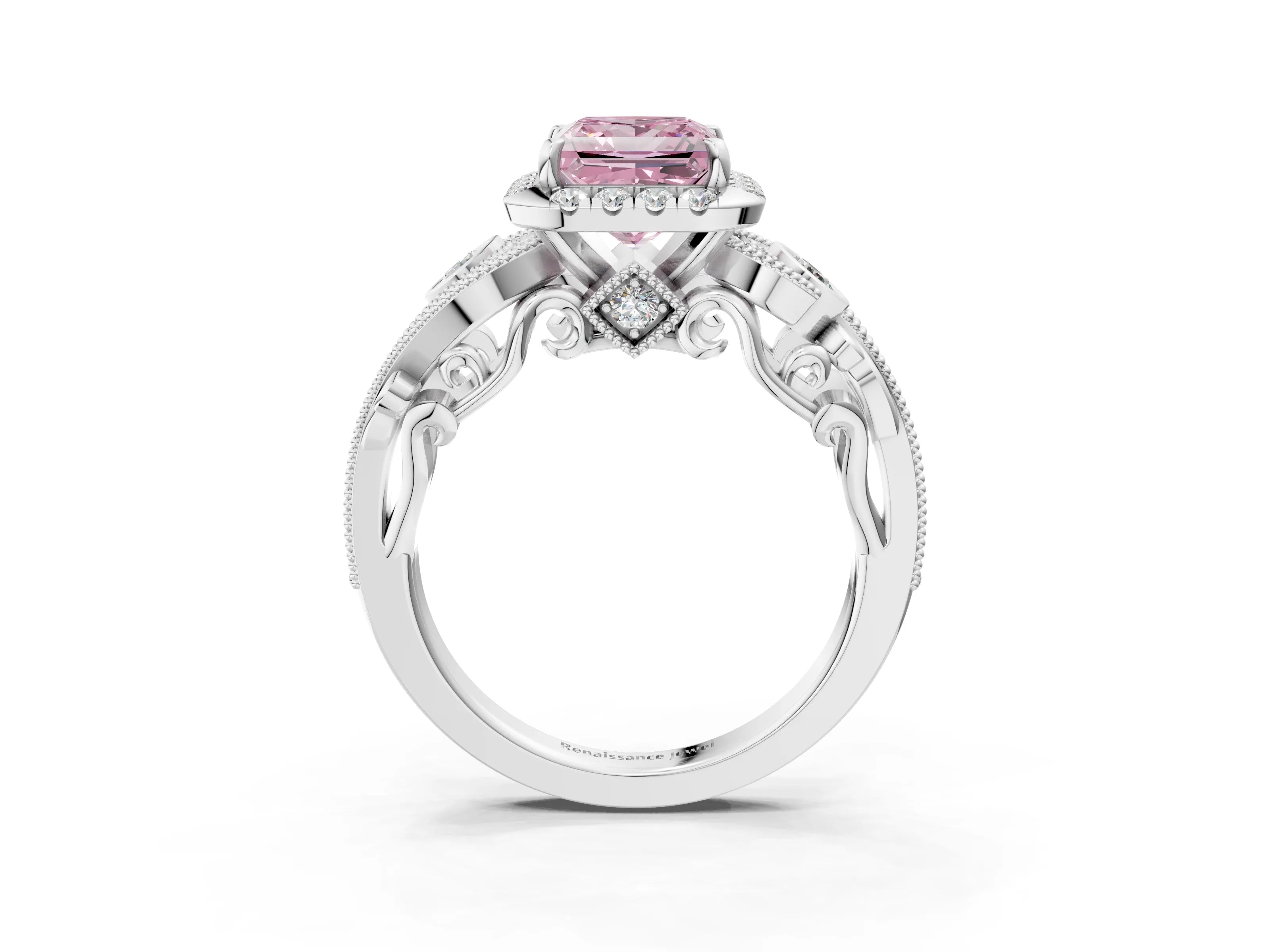 White gold Fancy Pink Princess Cut Halo Diamond Ring with Milgrain and Bezel Accents on a Split Shank Band_3