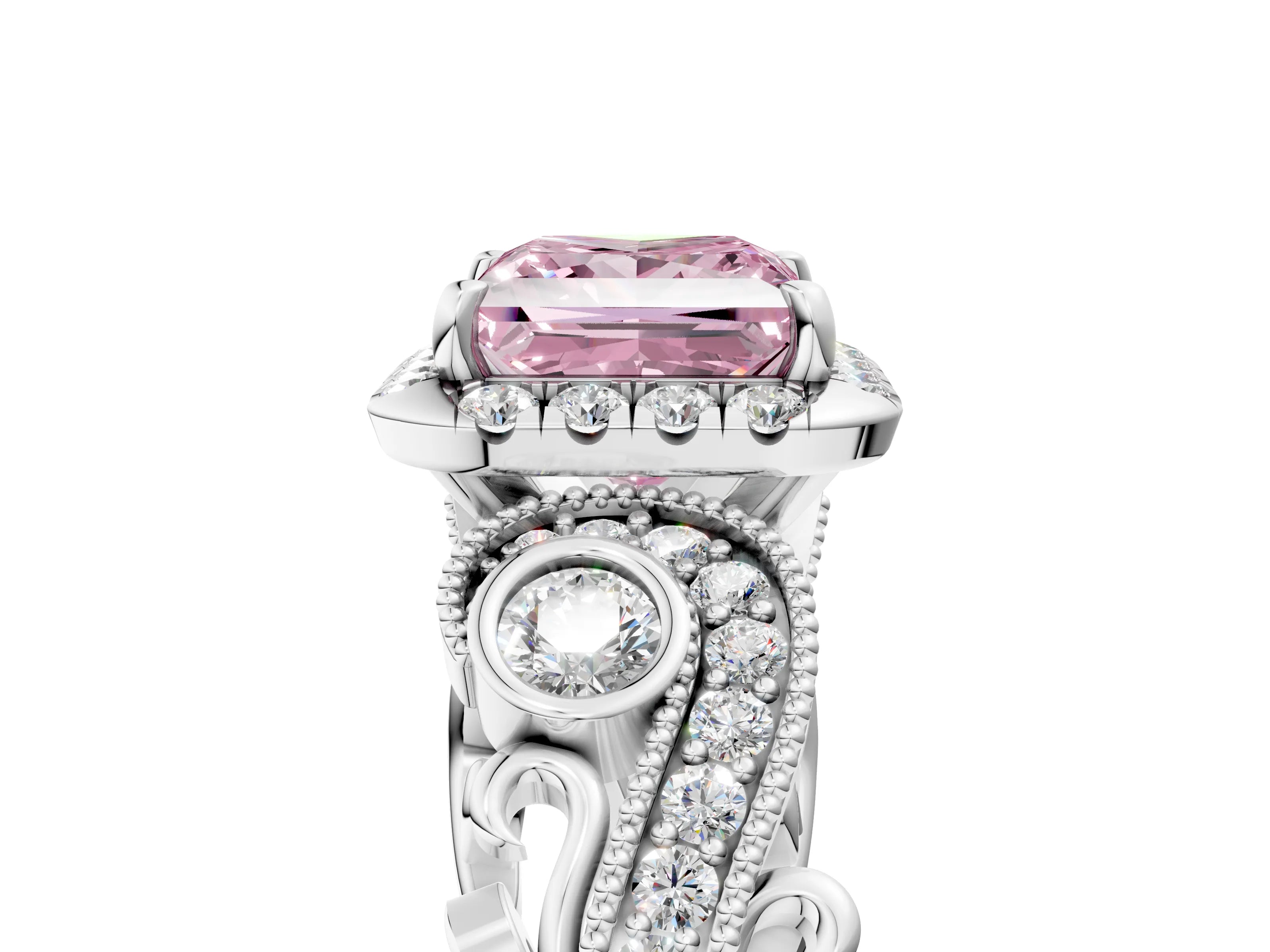 White gold Fancy Pink Princess Cut Halo Diamond Ring with Milgrain and Bezel Accents on a Split Shank Band_5