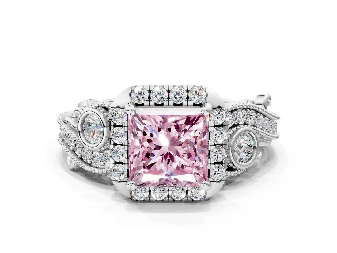 White gold Fancy Pink Princess Cut Halo Diamond Ring with Milgrain and Bezel Accents on a Split Shank Band_6