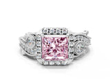 White gold Fancy Pink Princess Cut Halo Diamond Ring with Milgrain and Bezel Accents on a Split Shank Band_6