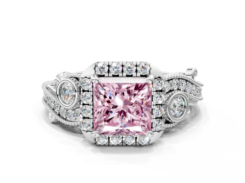 White gold Fancy Pink Princess Cut Halo Diamond Ring with Milgrain and Bezel Accents on a Split Shank Band