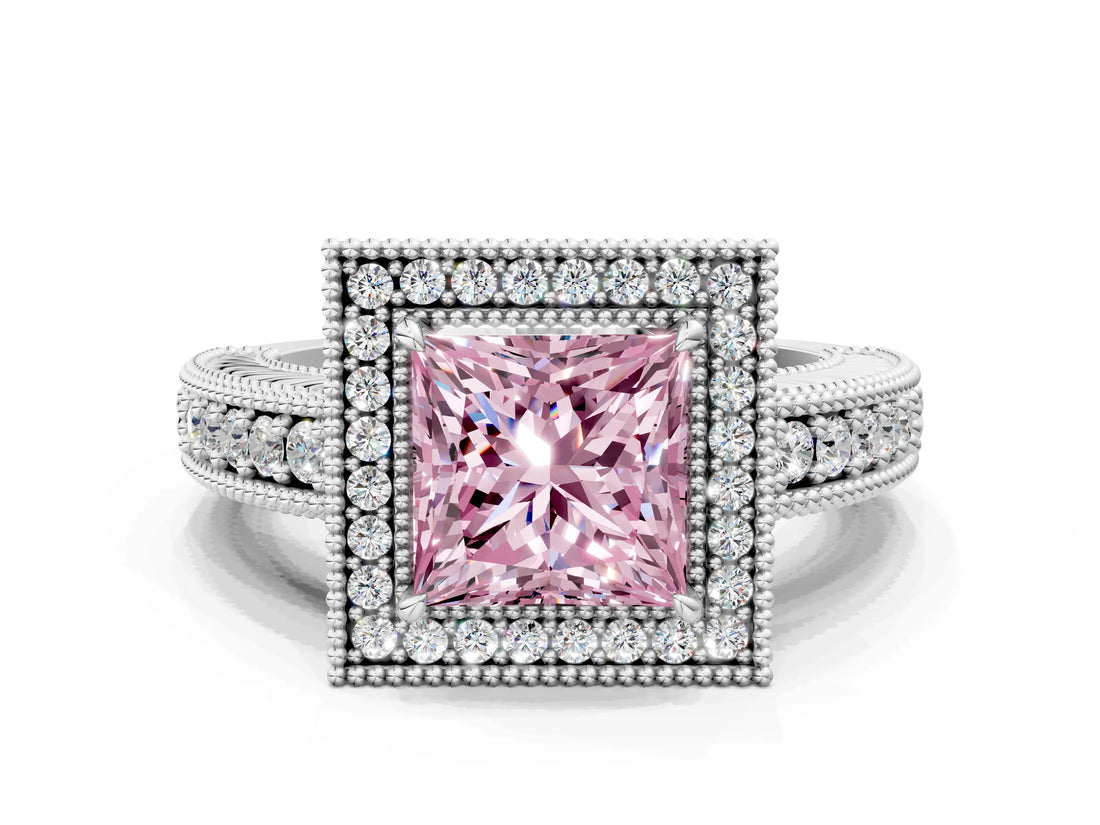 White gold Fancy Pink Princess  Cut Halo Diamond Ring with Pavé Band and Four-Prong Setting_33