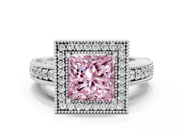 White gold Fancy Pink Princess  Cut Halo Diamond Ring with Pavé Band and Four-Prong Setting