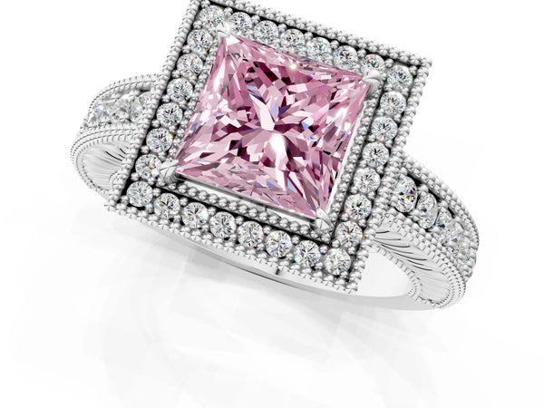White gold Fancy Pink Princess  Cut Halo Diamond Ring with Pavé Band and Four-Prong Setting